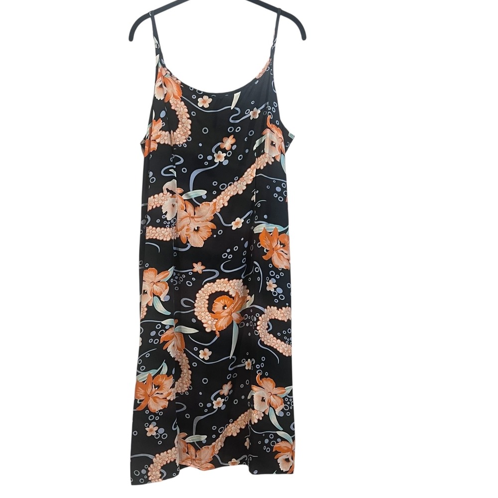 Hilo Hattie Hawaii Floral Silk Midi Dress‎ Sleeveless Black Orange Women's 18